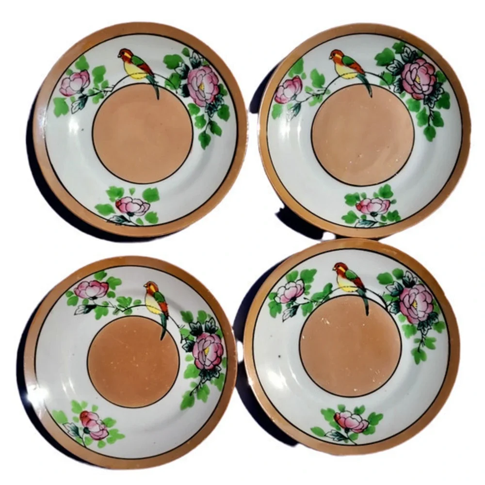 Vintage Tashiro Shoten‎ 1950s Lusterware Made in Japan 4 Parrot Dessert Plates